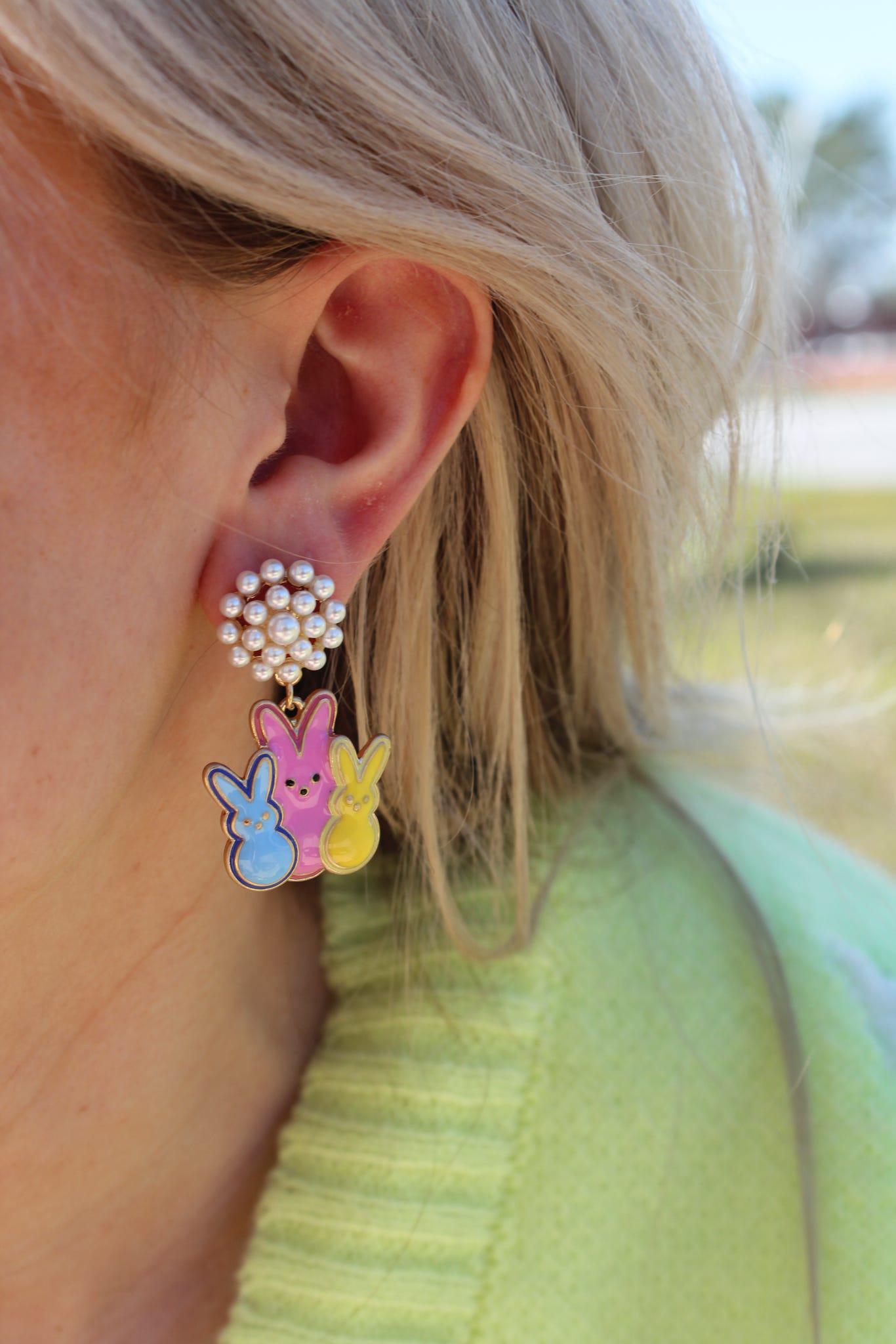 Peep Candy Bunnies Pearl Cluster Enamel Earrings in Multi