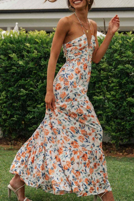 Plunge Halter Backless Floral Swing Maxi Sun Dress - Orange