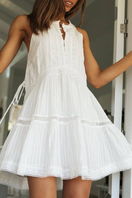 Boho Crochet Lace Sleeveless White Dress - White