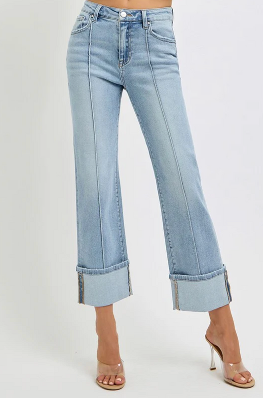 High Rise-Ankle Straight-Wide Cuffed Jeans