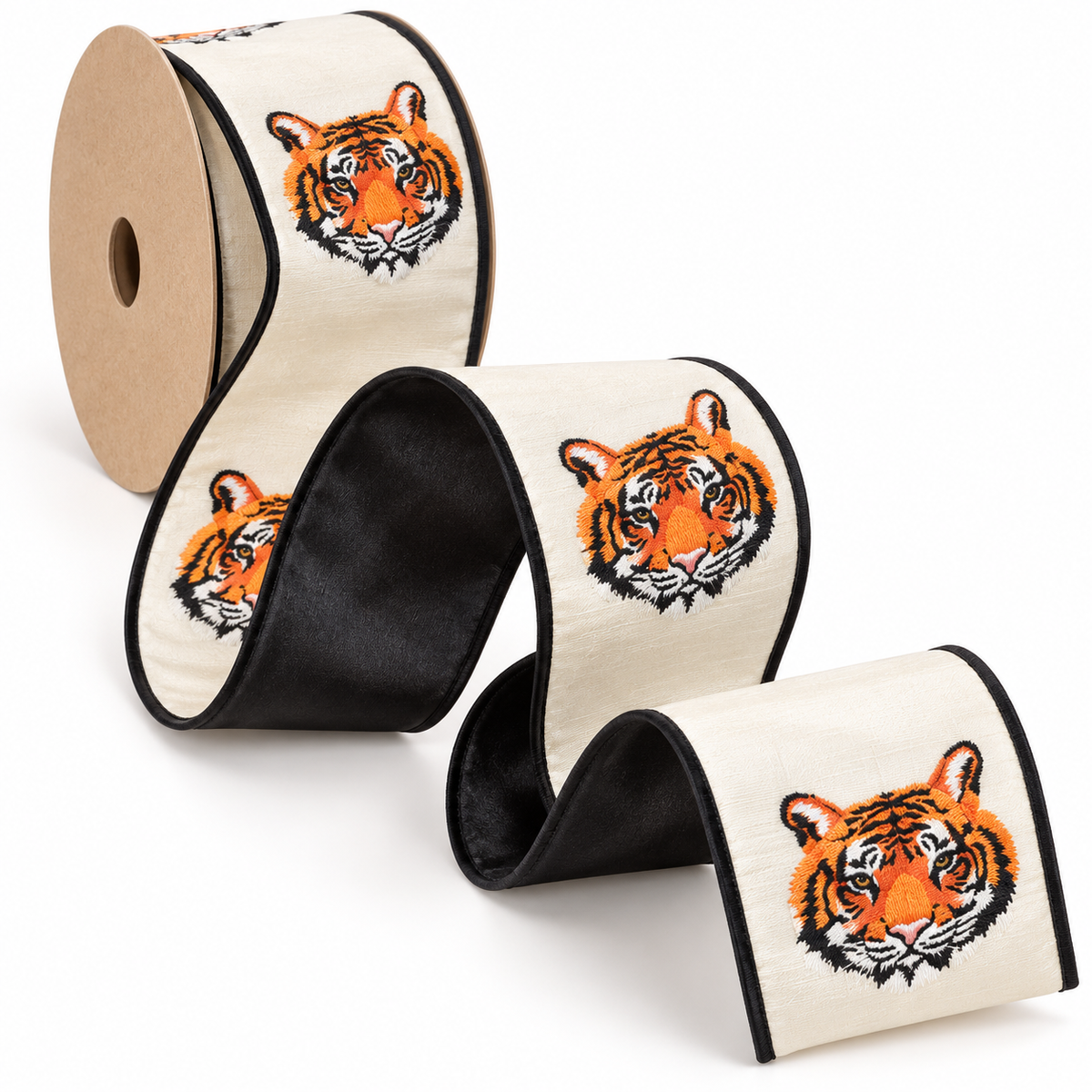 Embroidered Tiger Canvas Fused Dupion Ribbon