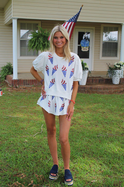USA Flag Soft Ice Cream Rhinestone Puff Sleeve Top