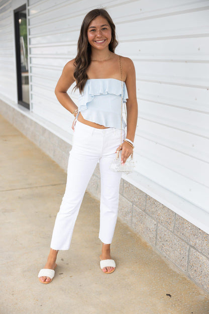 Blue Stripe Asymmetric Tiered Ruffle Tube Crop Top