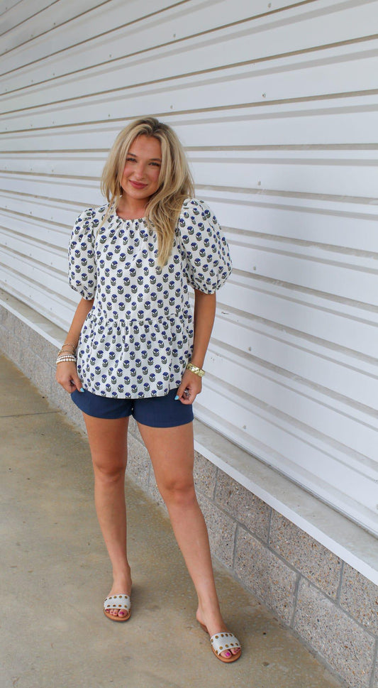 Nina Floral Foulard Top- Navy