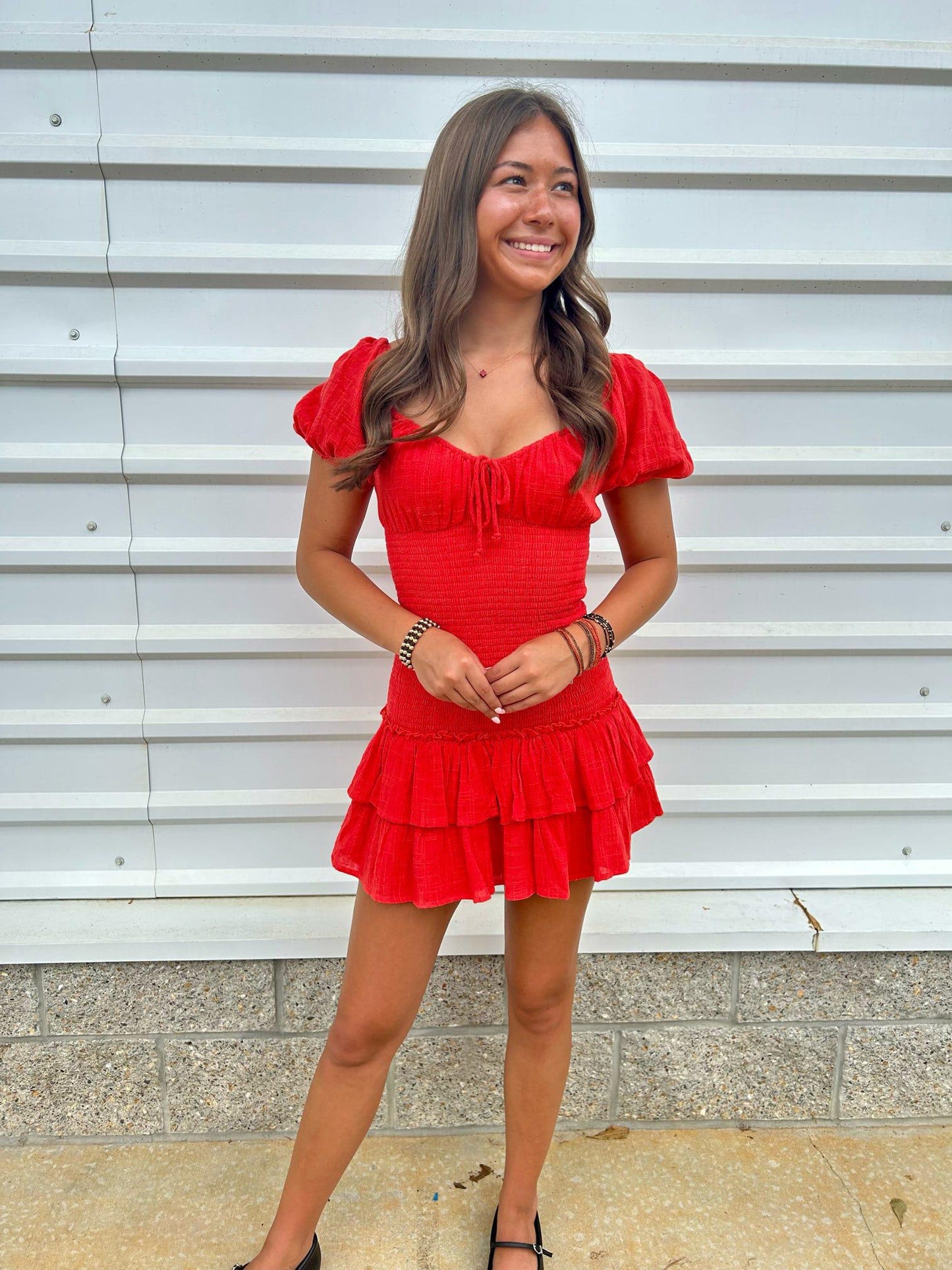 Solid Color Open Neck Double Tiered Mini Dress