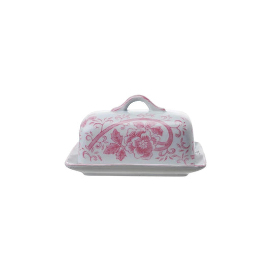 Butter Dish w Floral Design /Pink
