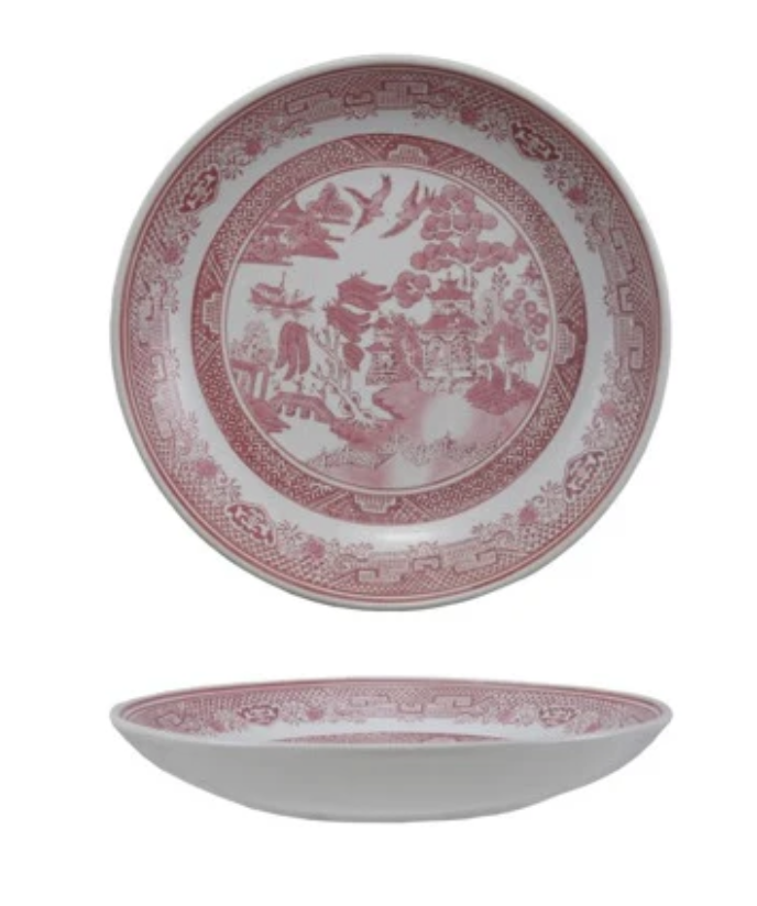 14'' Hadn't Stamped Stoneware Plate w/ Landscape, Pink & White