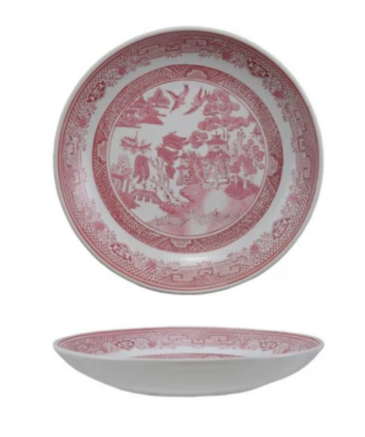 14'' Hadn't Stamped Stoneware Plate w/ Landscape, Pink & White