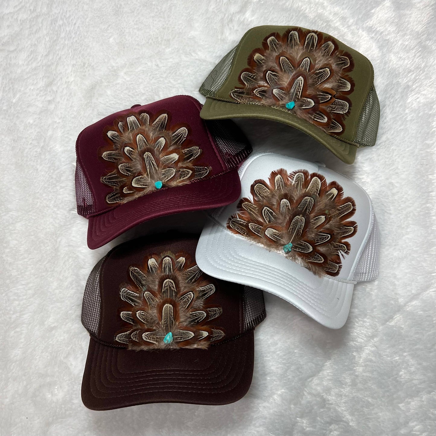 FEATHER Trucker Hat Turquoise Stone Embellished Olive Green