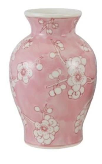 Pink & White Hand-Painted Stoneware Vase w/ Cherry Blossoms