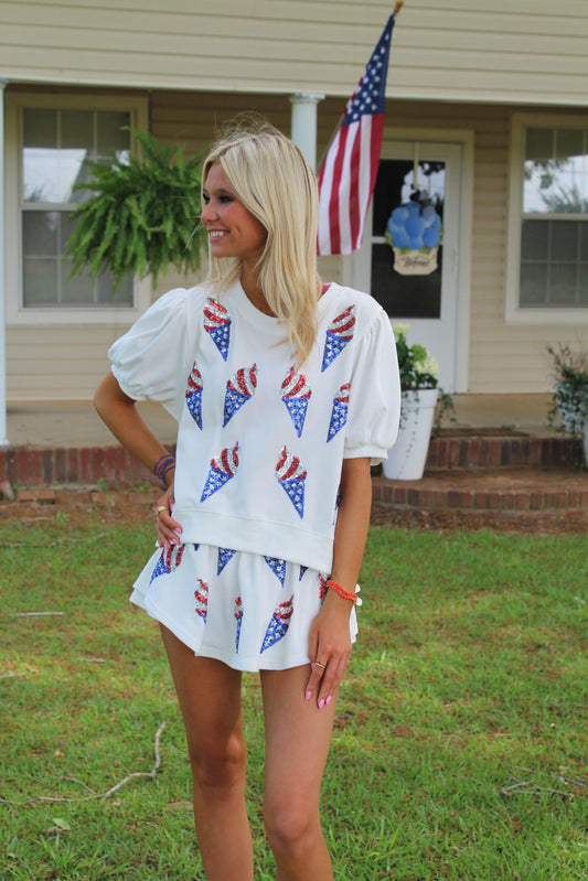 USA Flag Soft Ice Cream Rhinestone Allover Skorts