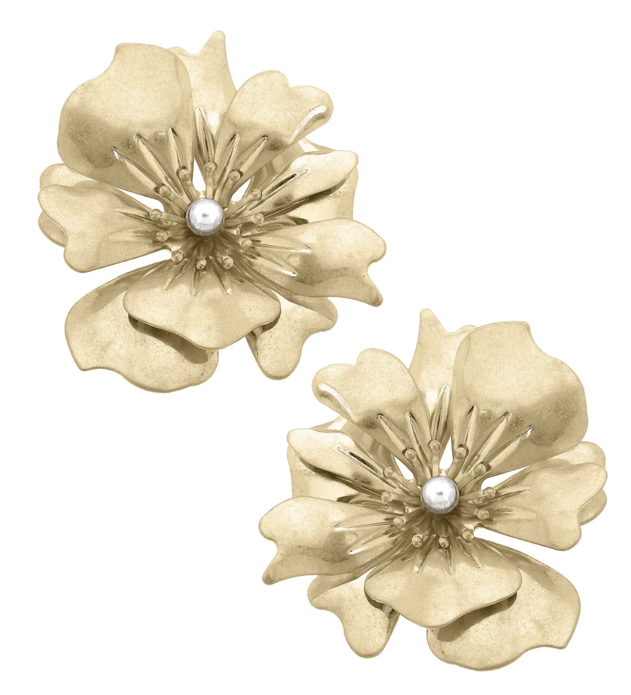 Nicole Pearl Flower Statement Earrings in Worn Gold