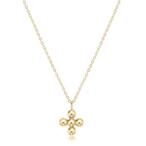 16" Necklace Gold - Classic Beaded Signature Cross Gold Charm - 4mm Bead Gold