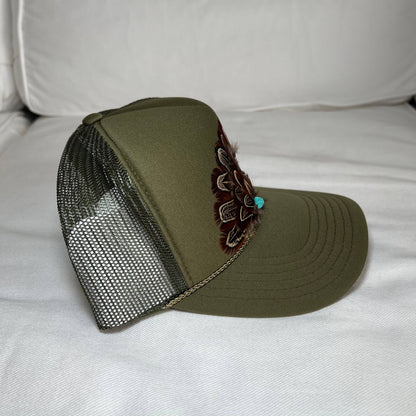 FEATHER Trucker Hat Turquoise Stone Embellished Olive Green