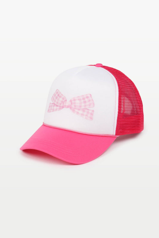 GINGHAM BOW  ON TWO TONED TRUCKER HAT: FUCHSIA