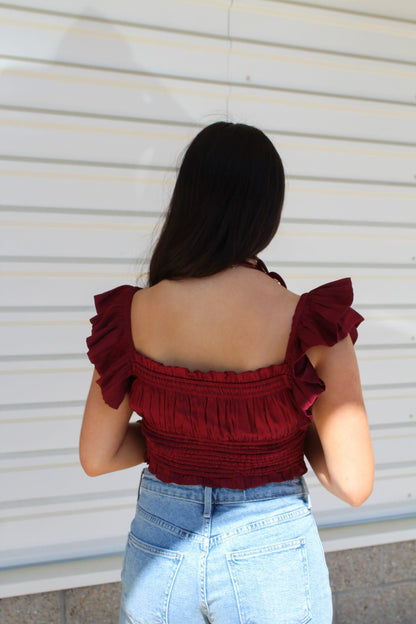 Ruffle Sleeve Cropped Smocked Top