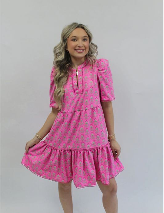 Adelyn Deco Lilies Dress in Fuchsia