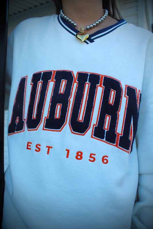 Auburn Allen Chenille Varsity V-neck: WHITENAVY