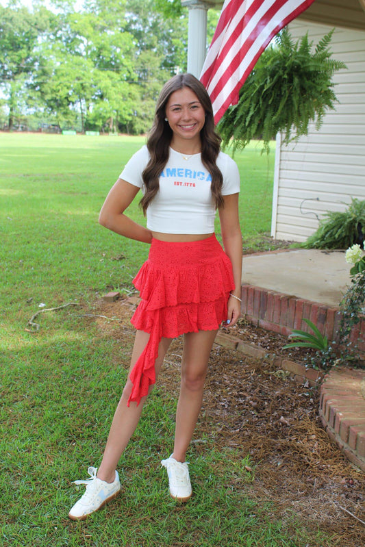 Round Neck Short Sleeve America Embroidered Rib Top