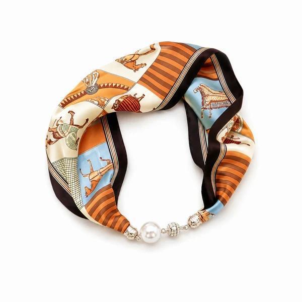 Satin Twilly Scarf Necklace with Jeweled Magnetic Clasp