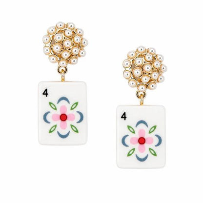Mahjong Tile Pearl Cluster Drop Earrings