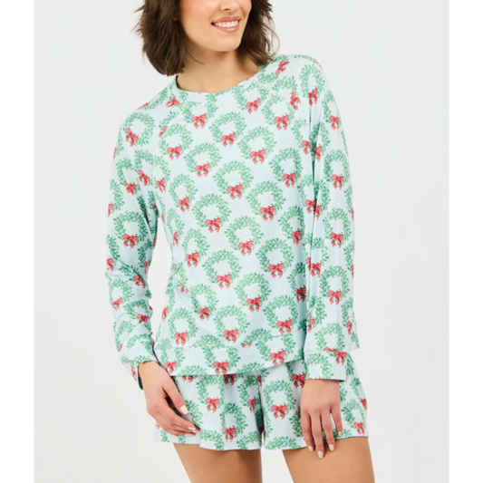Wreath & Ribbon Long Sleeve & Shorts Annie Pajamas