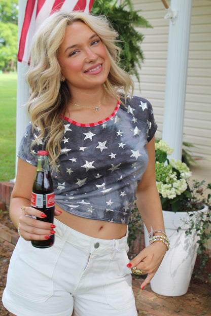 Foil Star Print French Terry Knit Top with Back Cut Out and Plaid Tied Top
