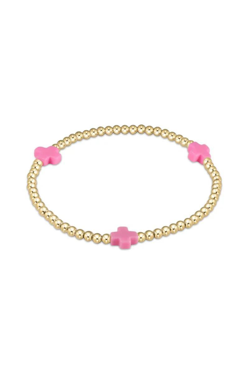 Extends Signature Cross Gold Pattern 3mm Bead Bracelet- Bright Pink