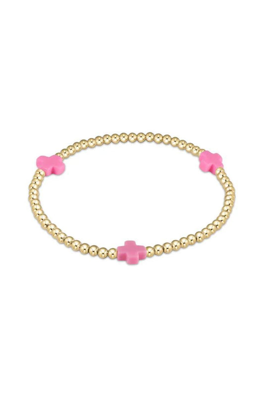 Extends Signature Cross Gold Pattern 3mm Bead Bracelet- Bright Pink