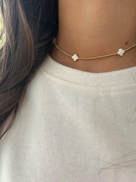 15" Choker Signature Cross Gold Pattern 2mm Bead - Off-White
