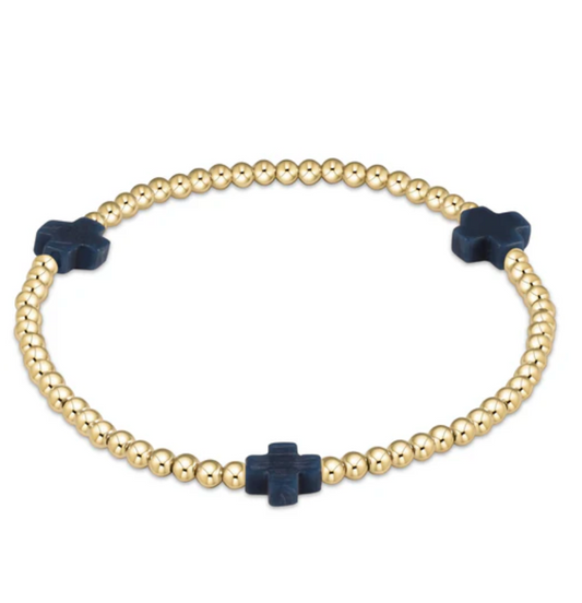 Signature Cross Gold Pattern 3mm Bead Bracelet - Navy