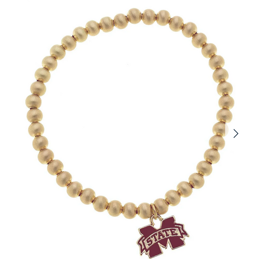 Mississippi State Bulldogs Ball Bead Stretch Bracelet in Satin Gold