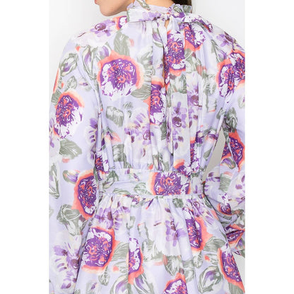 Long puff sleeve floral print self tie belt mini dress: LAVENDER