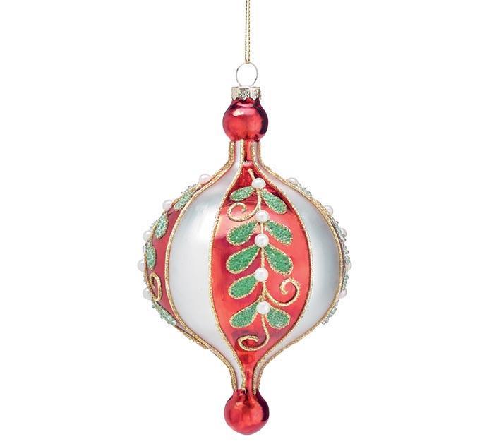 Red & Silver Swirl Ornament with Beaded Green Leaves