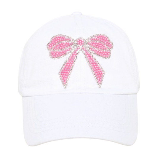 PEARLY PINK BOW DESIGNED BASEBALL CAP: White