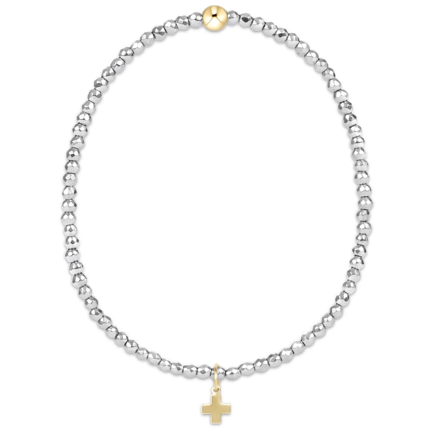 Silver Faceted Hematite 2mm Bracelet- Signature Cross Gold Charm