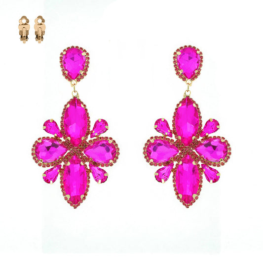 Statement Large Crystal Flower Clip On Earrings: Gold Fuchsia