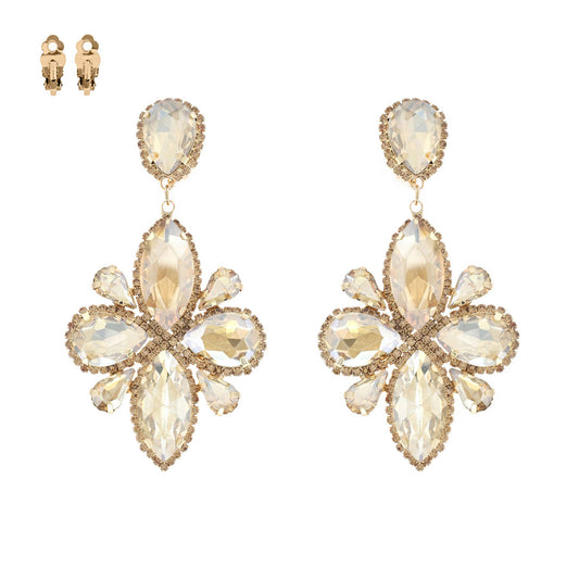 Statement Large Crystal Flower Clip On Earrings: Gold Ivory