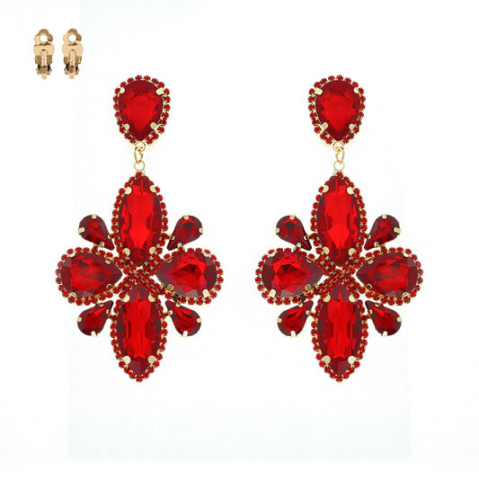 Statement Large Crystal Flower Clip On Earrings: Gold Red