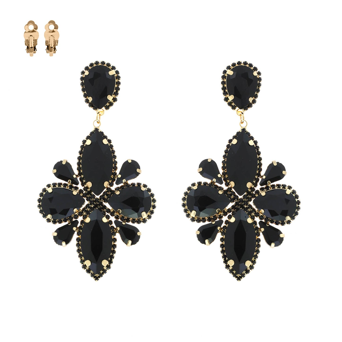 Statement Large Crystal Flower Clip On Earrings: Gold Black