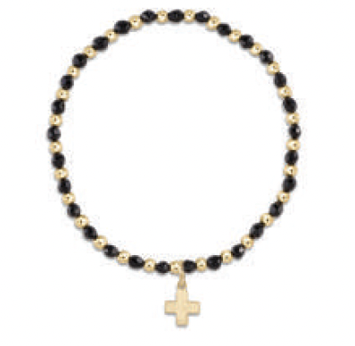 Gold Grateful Pattern 3 mm Bead Bracelet - Faceted Onyx - Signature Cross Gold Charm
