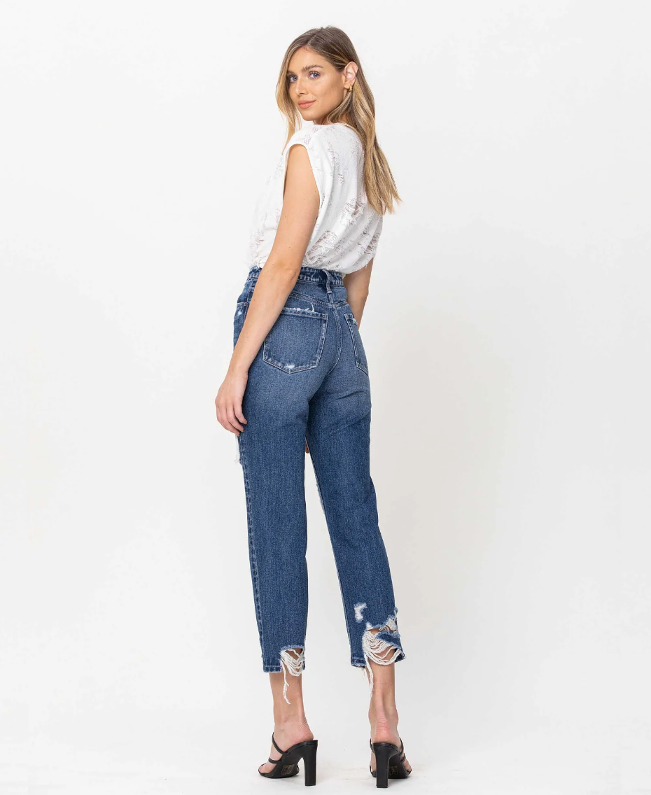 Heavily Distressed Super High Rise Straight Crop Jeans - Lucid Dream
