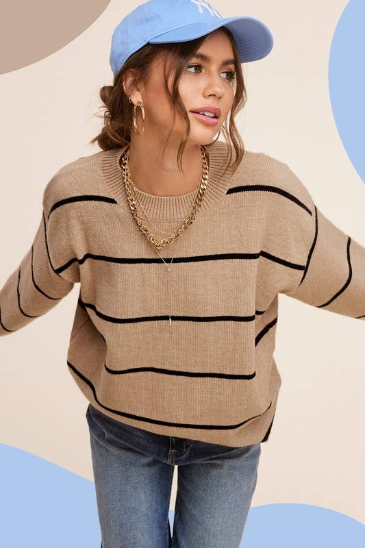 HCS3553-Loose Fit Stripe Fall Winter Long Sleeve Sweater