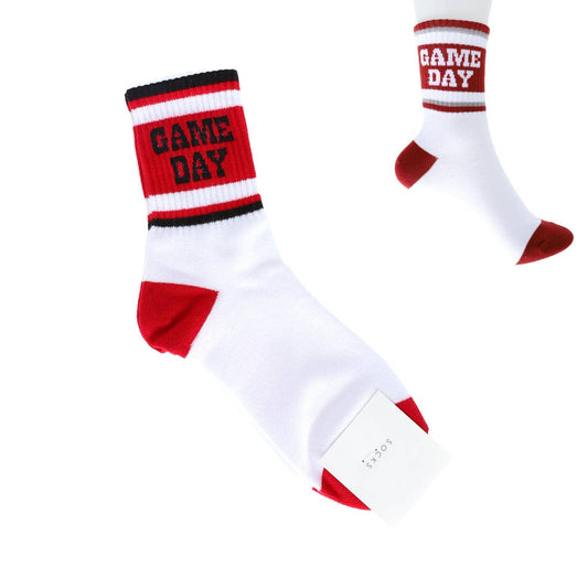"Game Day" Stripe Cotton Knit Crew Socks: Red Black