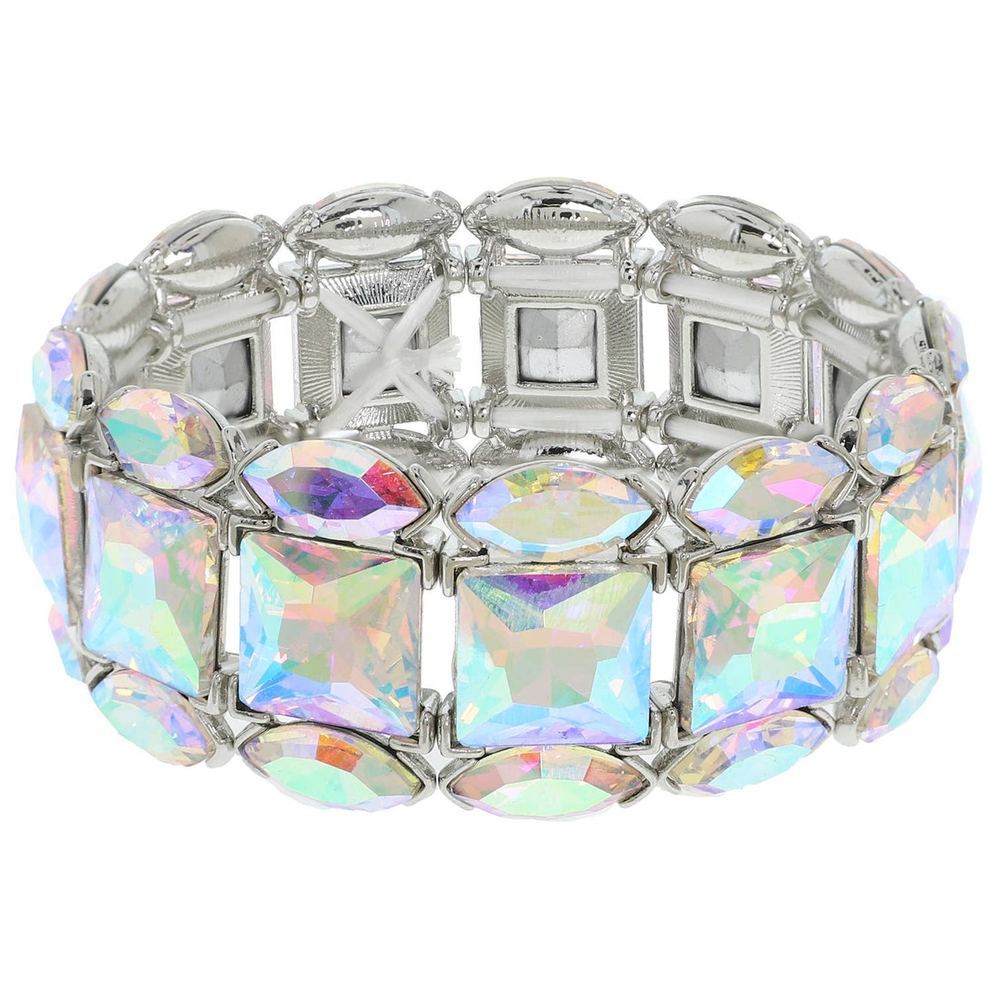 3 Row Crystal Gemstone Cluster Stretch Bracelet: Silver Iridescent