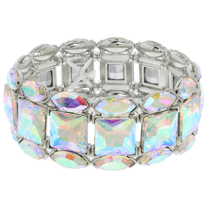 3 Row Crystal Gemstone Cluster Stretch Bracelet: Silver Iridescent