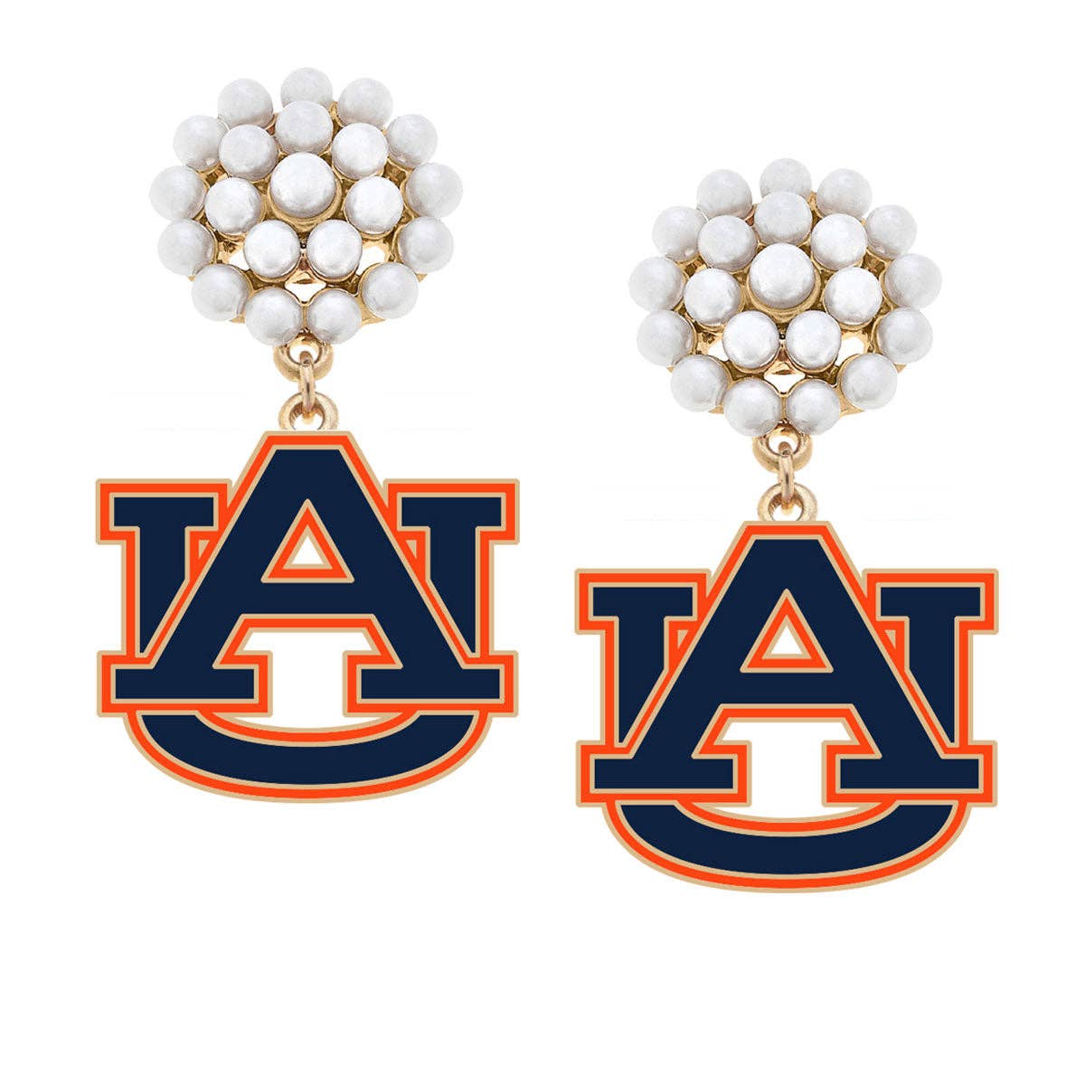 Auburn Logo Pearl Cluster Enamel Drop Earrings in Burnt Orange & Navy